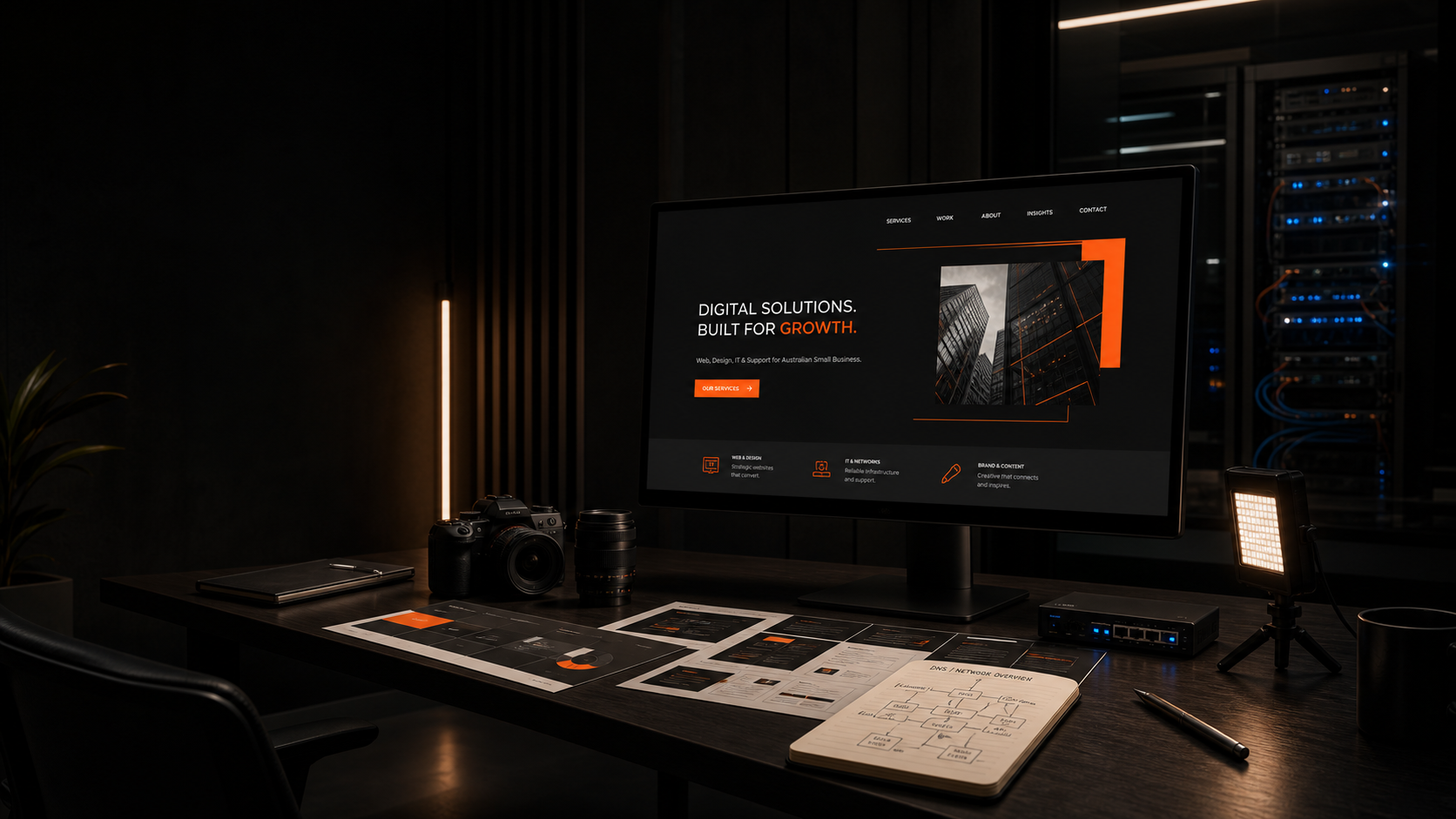 Dark creative studio desk with website design, camera gear, and campaign visuals