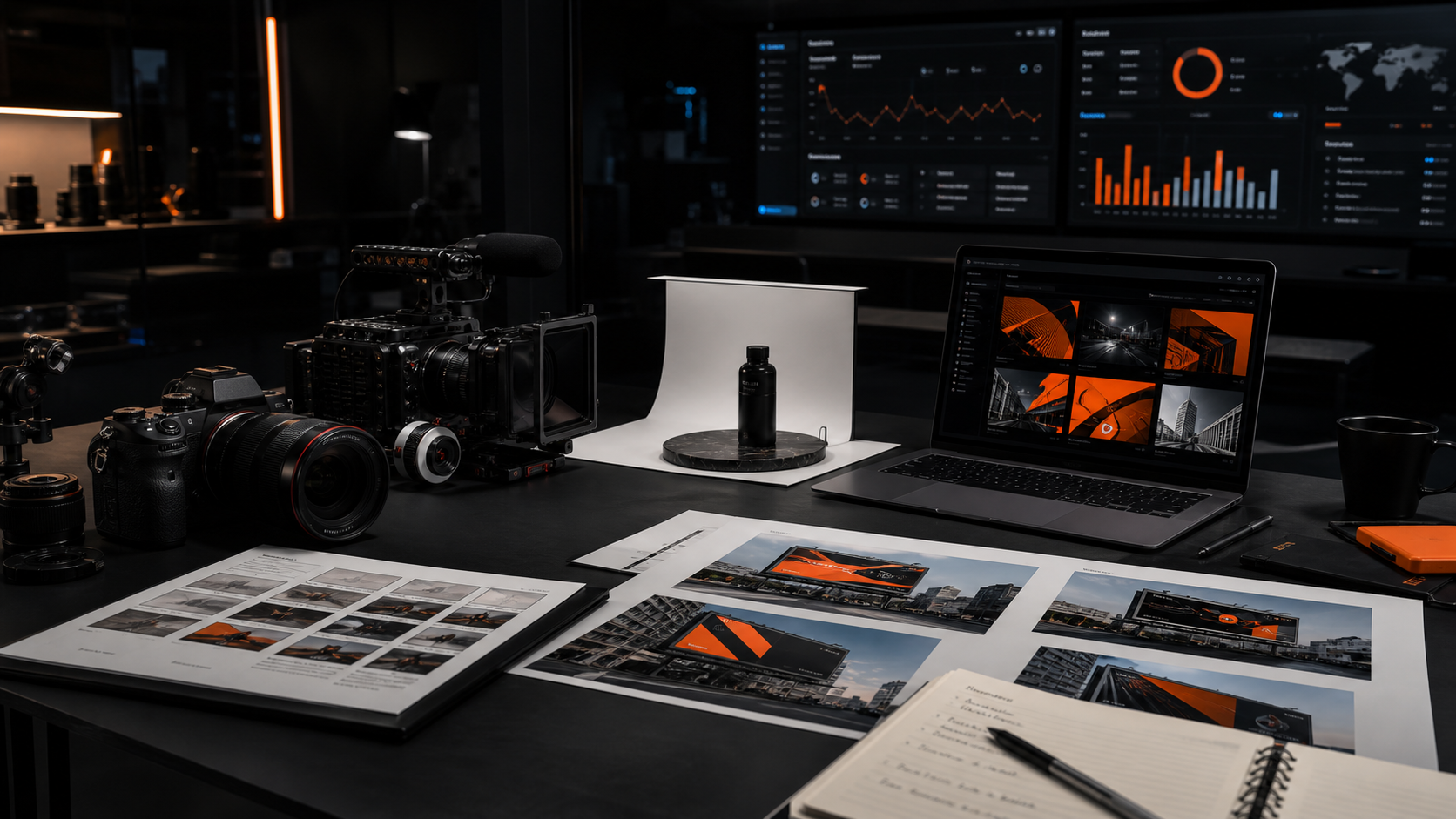 Creative production bench with camera, video rig, campaign boards, and digital marketing screens